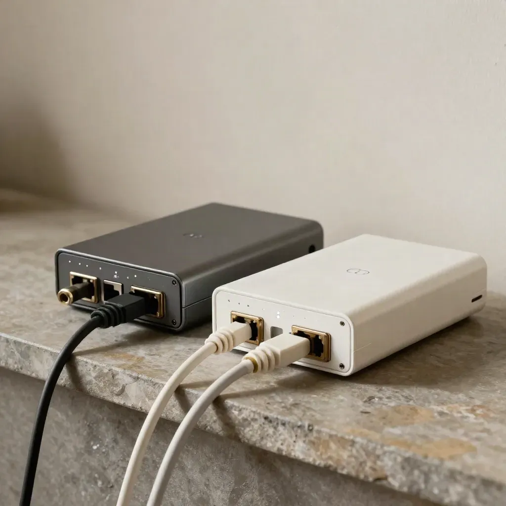 Twee netwerkunits met witte patchkabel op stenen dressoir, oude en nieuwe link in zacht licht.