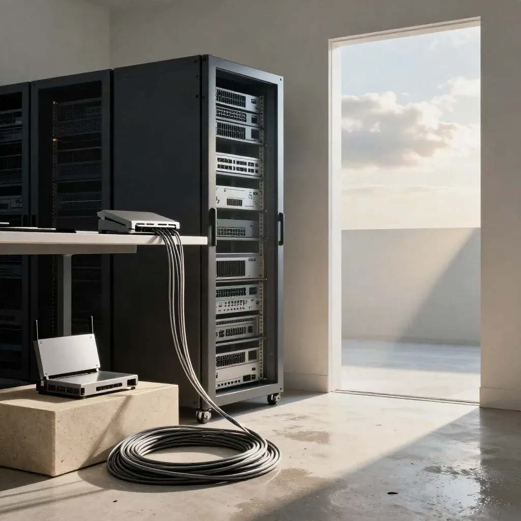 Serverkast, router en glasvezelkabels in een lichte ruimte na regen, met zonlicht en natte reflecties.