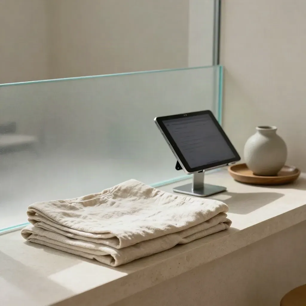 Zachte receptiehoek met linnen, matglas en een weggerichte tablet in een zorgpraktijk.