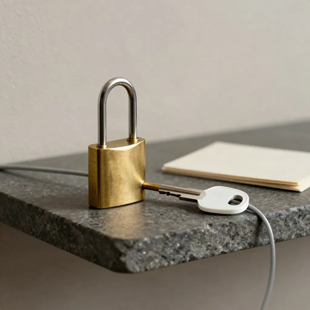 Brass lockcilinder, fiberferrule en sleutel op donkere stenen plank met zacht licht.