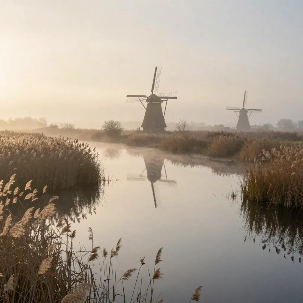 Mistige Noord-Hollandse polder met windmolens, riet en stille sloot bij zonsopkomst