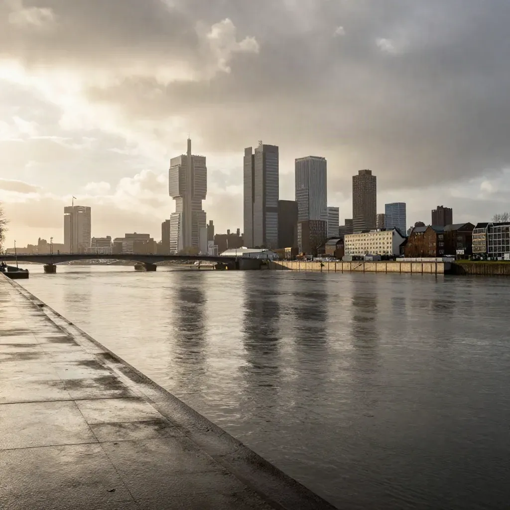 Rotterdamse skyline boven de Maas met natte mist, bruglijn en open water voor kopij.